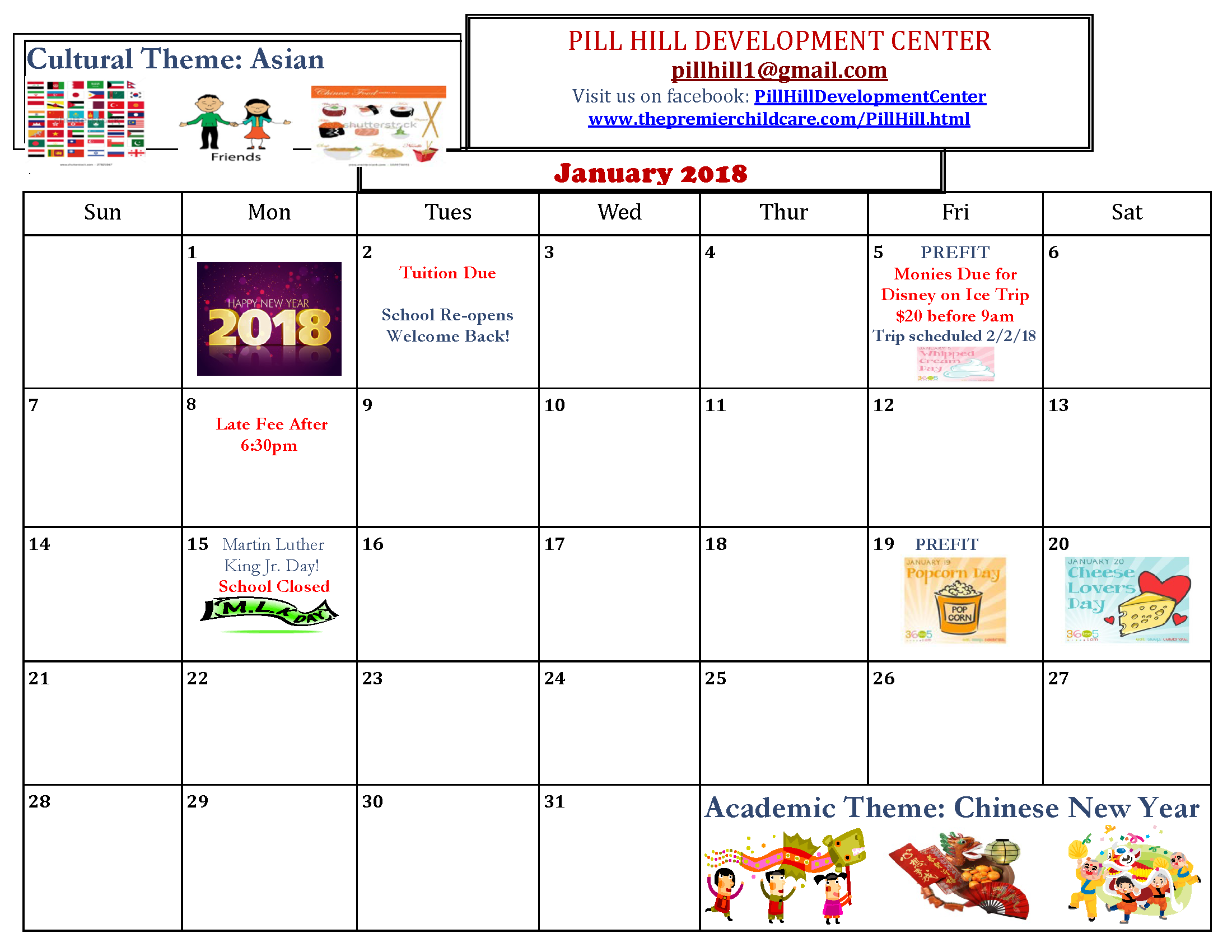 PH January 2018 Calendar | The Premier Child Care Centers | Near The ...