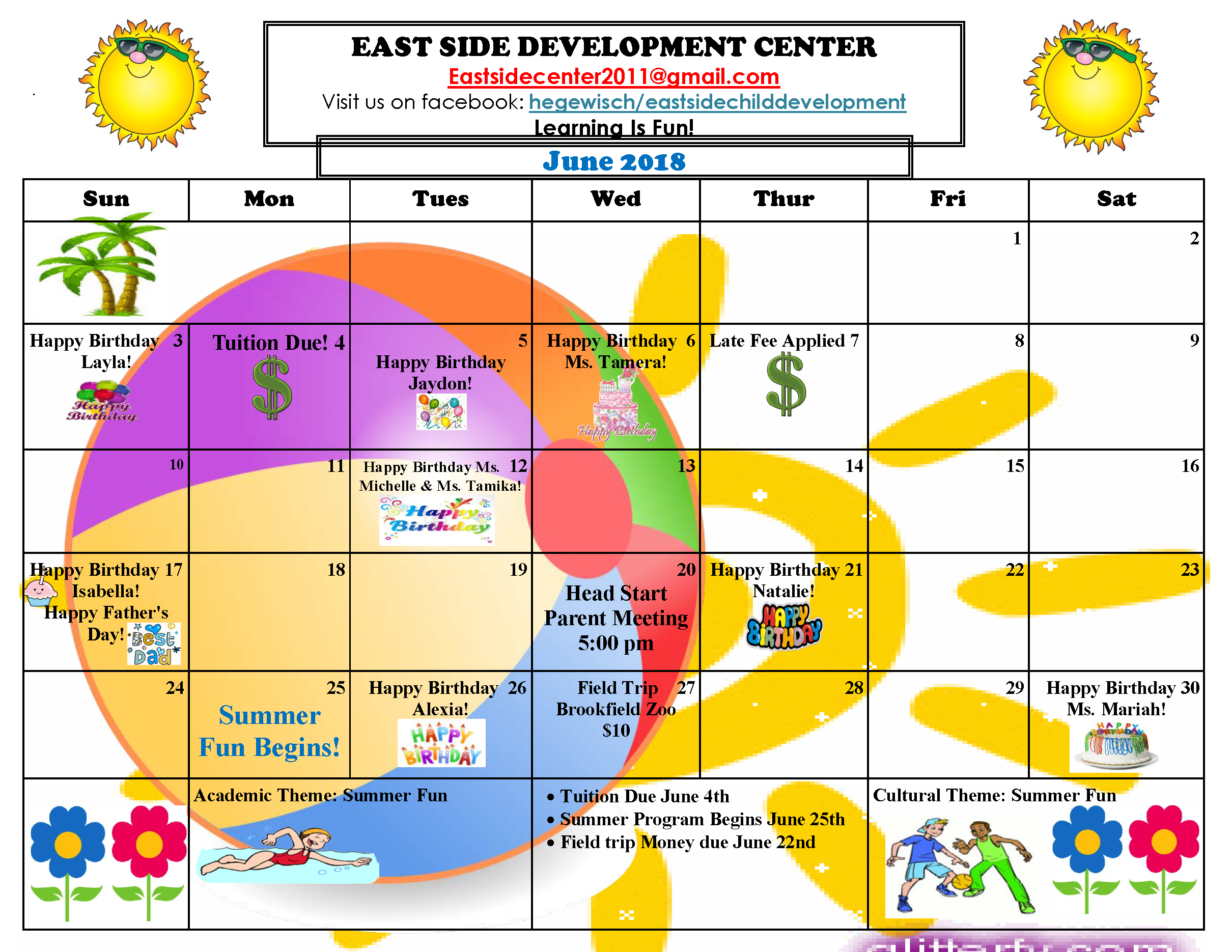 June 2018 Calendar ES The Premier Child Care Centers Near The 